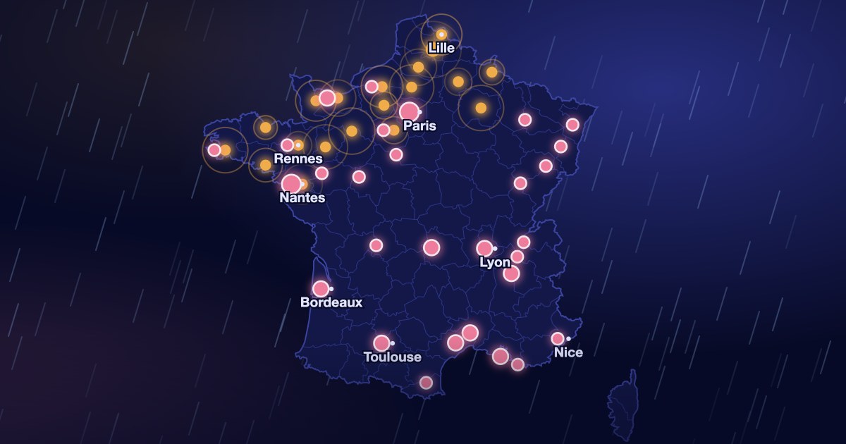 Carte de France de Vigie avec les alertes de vigilance météo, crues et trafic par département