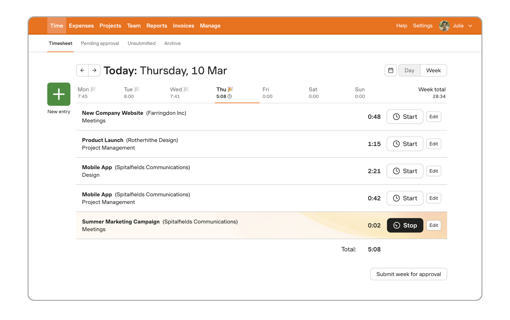 Interface de suivi du temps et des projets de l'application Harvest
